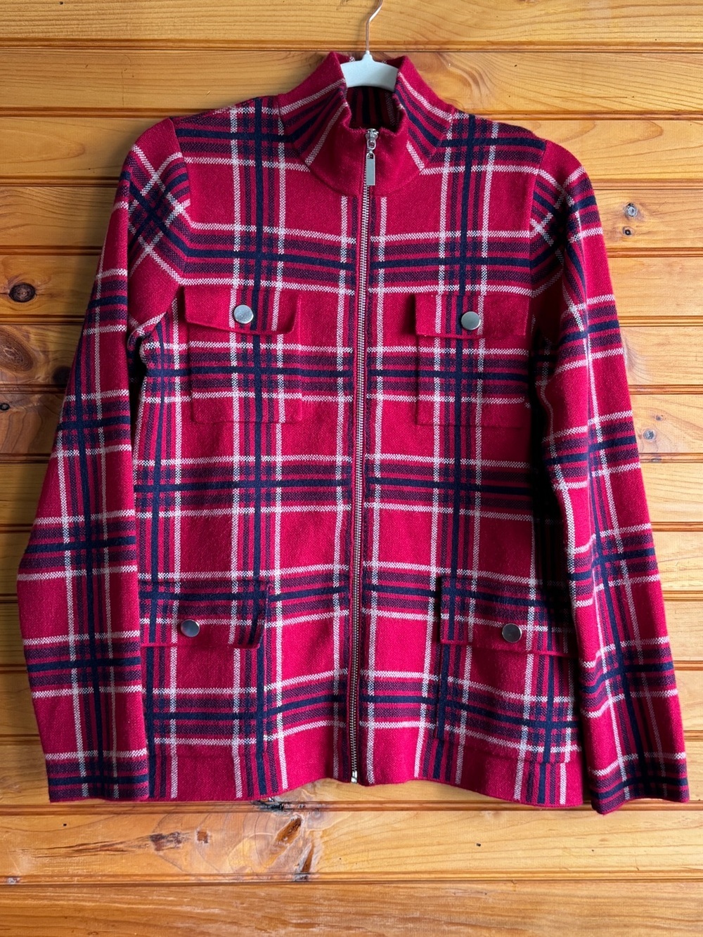 Rachel Zoe Plaid Cardigan M Red Navy Tartan Equestrian Heritage Full Zip